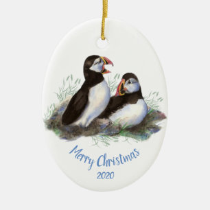 Custom Dated Christmas Puffin Ocean Bird Ceramic Ornament