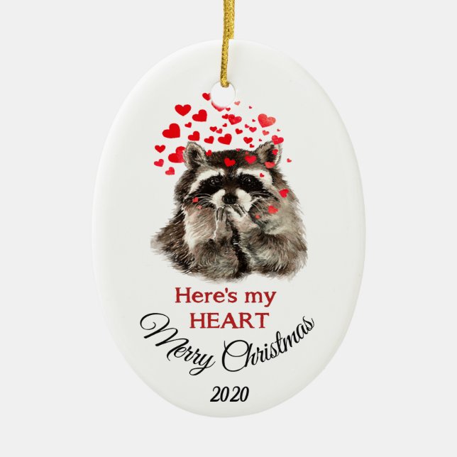 Custom Dated Christmas Raccoon Here's my Heart Ceramic Ornament (Front)