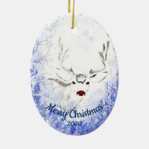 Custom Dated Christmas Red Nosed Reindeer Fun Ceramic Ornament