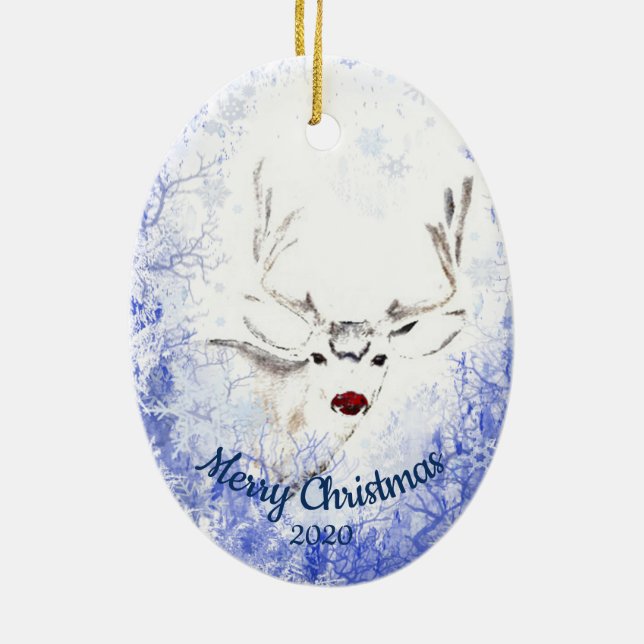 Custom Dated Christmas Red Nosed Reindeer Fun Ceramic Ornament (Back)