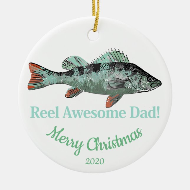 Custom Dated Christmas Reel Awesome Dad Fisherman Ceramic Ornament (Front)