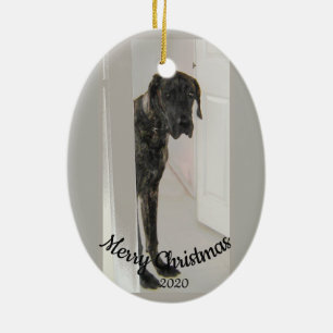 Custom Dated Christmas Sad Looking Great Dane Dog Ceramic Ornament