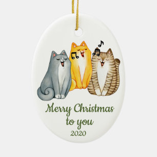 Custom Dated Christmas Singing Cats Cute Animal  Ceramic Ornament