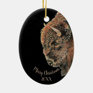 Custom Dated Christmas Watercolor Bison Buffalo Ce Ceramic Ornament
