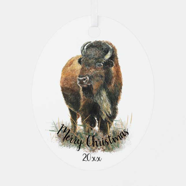 Custom Dated Christmas Watercolor Bison Buffalo  Metal Ornament (Back)
