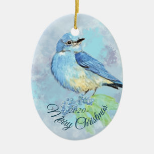 Custom Dated Christmas Watercolor Bluebird Bird Ceramic Ornament