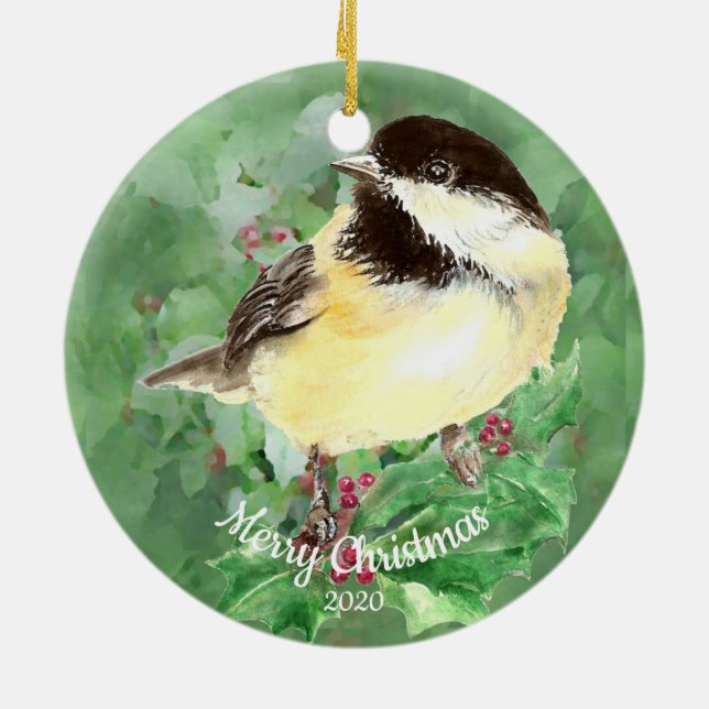Custom Dated Christmas Watercolor Chickadee Bird Ceramic Ornament (Back)