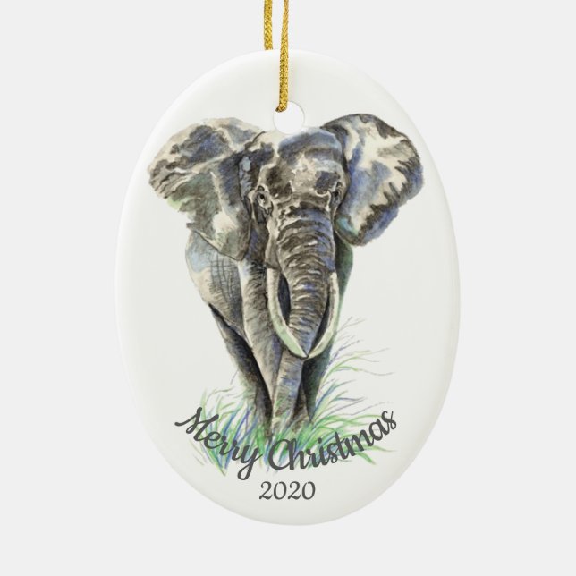 Custom Dated Christmas Watercolor Elephant Ceramic Ornament (Back)