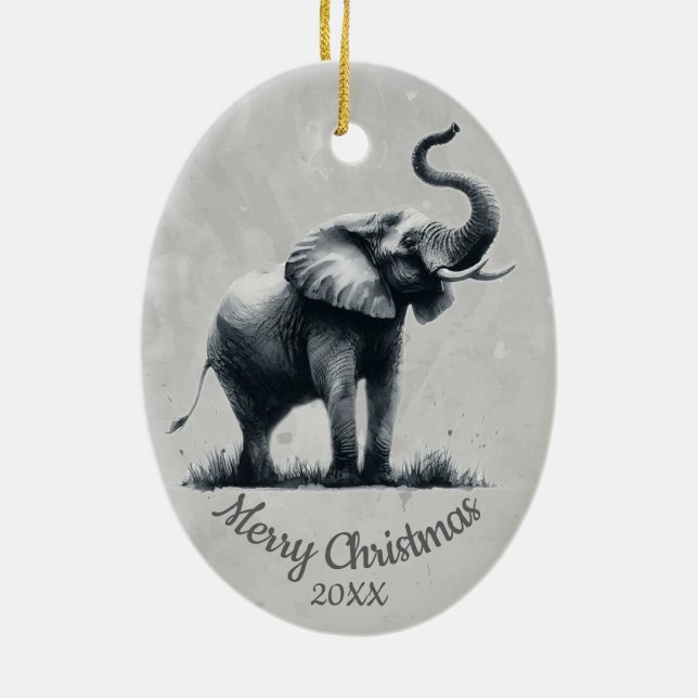 Custom Dated Christmas Watercolor Elephant Ceramic Ornament (Back)