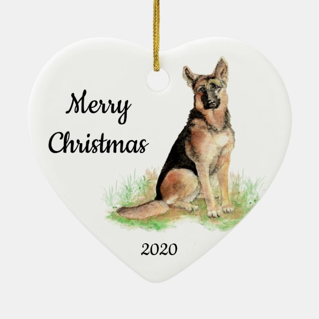 Custom Dated Christmas Watercolor German Shepherd Ceramic Ornament (Back)
