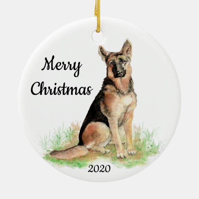 Custom Dated Christmas Watercolor German Shepherd Ceramic Ornament (Back)