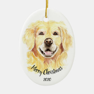 Custom Dated Christmas Watercolor Golden Retriever Ceramic Ornament