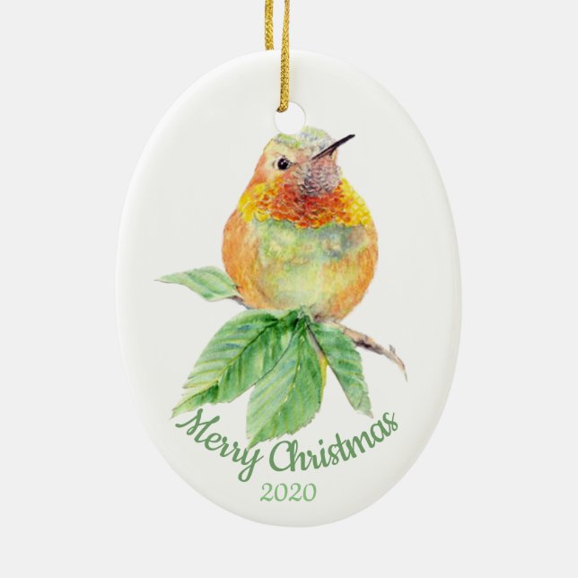 Custom Dated Christmas Watercolor Hummingbird Bird Ceramic Ornament (Back)