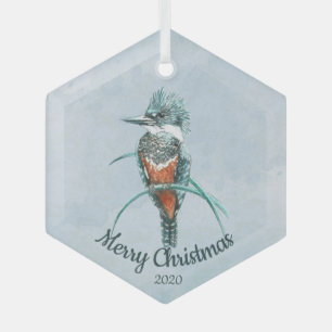 Custom Dated Christmas Watercolor Kingfisher Bird Glass Ornament