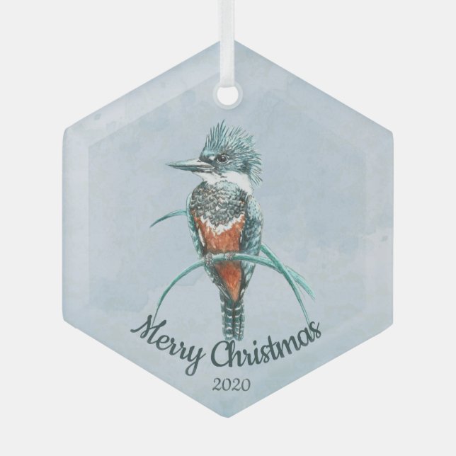 Custom Dated Christmas Watercolor Kingfisher Bird Glass Ornament (Front)