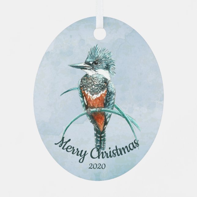 Custom Dated Christmas Watercolor Kingfisher Bird  Metal Ornament (Back)