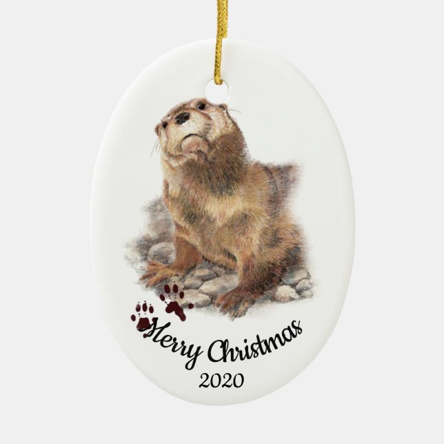 Custom Dated Christmas Watercolor Otter Cute Ceramic Ornament (Front)