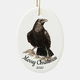 Custom Dated Christmas Watercolor Raven Bird Ceramic Ornament