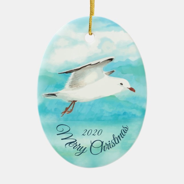 Custom Dated Christmas Watercolor Seagull Bird Ceramic Ornament (Front)