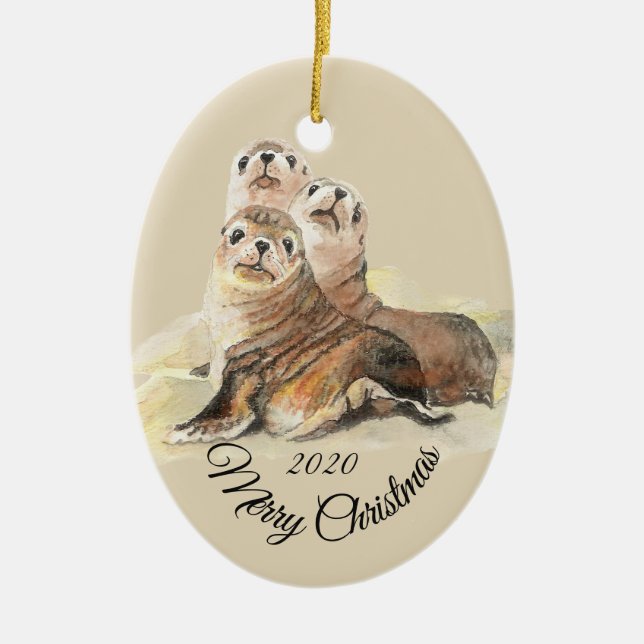 Custom Dated Christmas Watercolor Seal Animals Ceramic Ornament (Front)