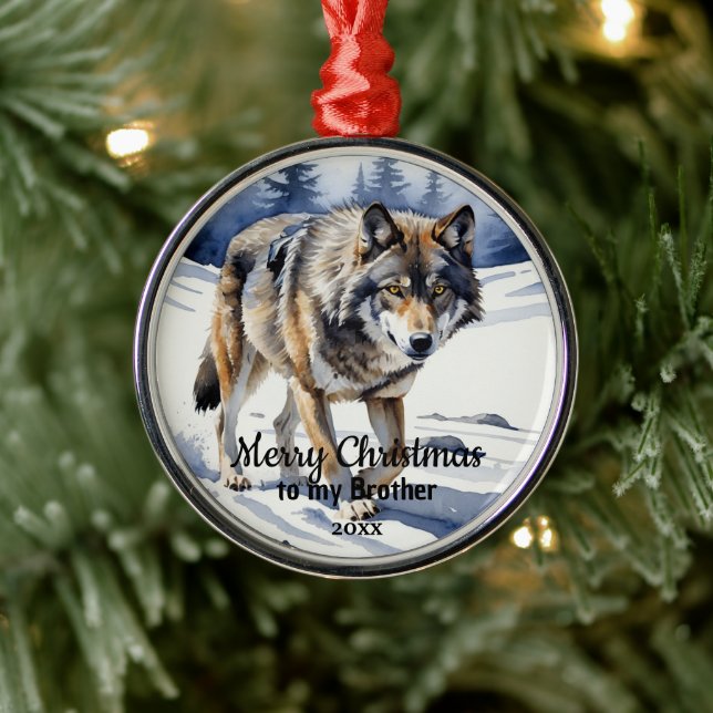 Custom Dated Christmas Wolf Animal Brother Metal Ornament (Tree)