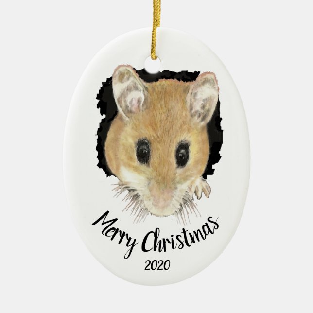 Custom Dated Cute Mouse Peeking Merry Christmas Ceramic Ornament (Front)