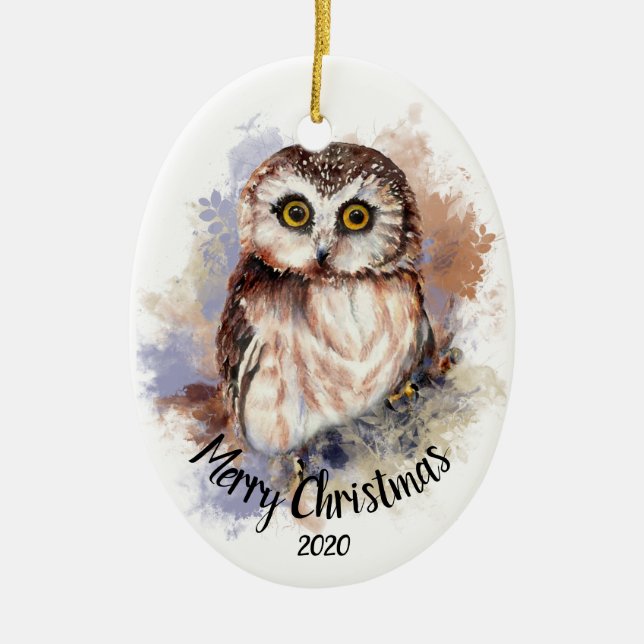 Custom Dated Cute Owl Bird Merry Christmas Ceramic Ornament (Front)