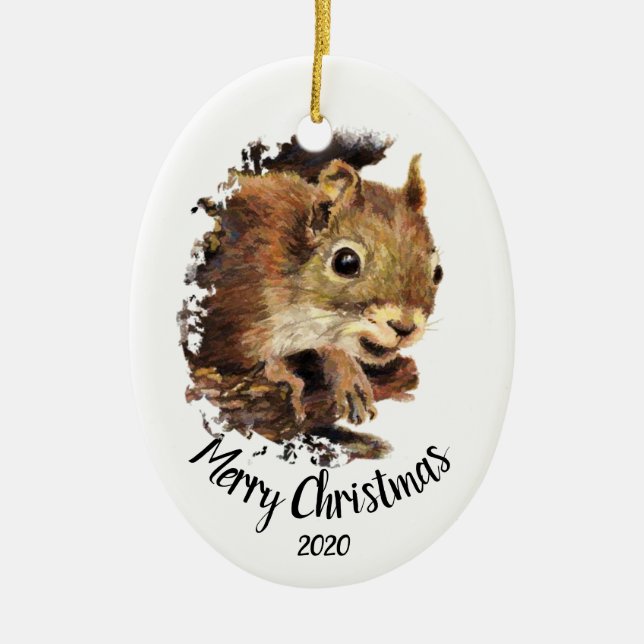 Custom Dated Cute Squirrel Peeking Merry Christmas Ceramic Ornament (Front)