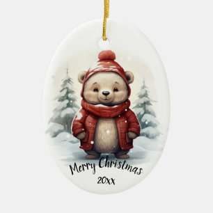 Custom Dated Cute Winter Bear Animal Christmas  Ceramic Ornament