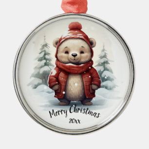 Custom Dated Cute Winter Bear Animal Christmas Metal Ornament