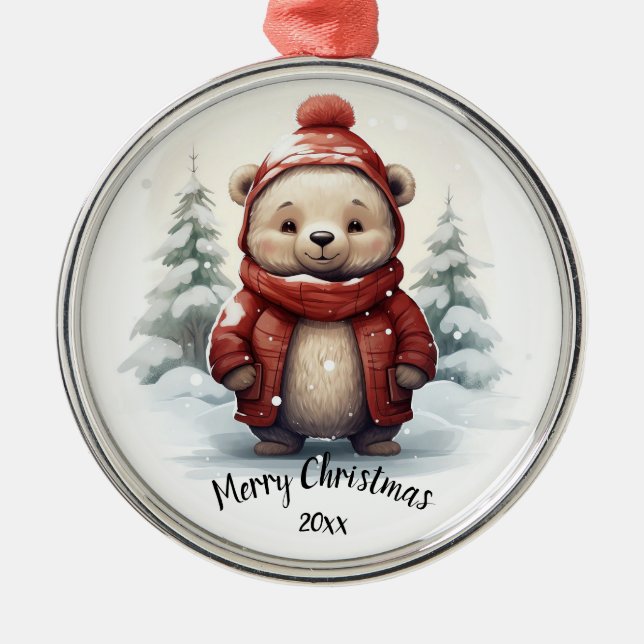Custom Dated Cute Winter Bear Animal Christmas  Metal Ornament (Front)