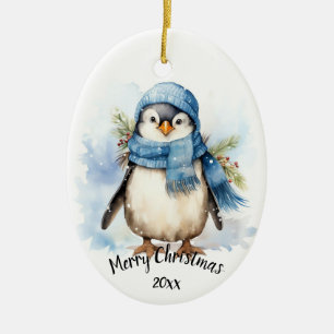 Custom Dated Cute Winter Penguin Bird Christmas  Ceramic Ornament