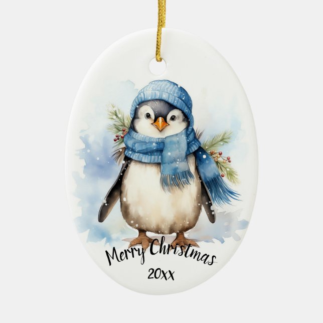 Custom Dated Cute Winter Penguin Bird Christmas  Ceramic Ornament (Front)