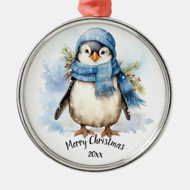 Custom Dated Cute Winter Penguin Bird Christmas  Metal Ornament (Front)
