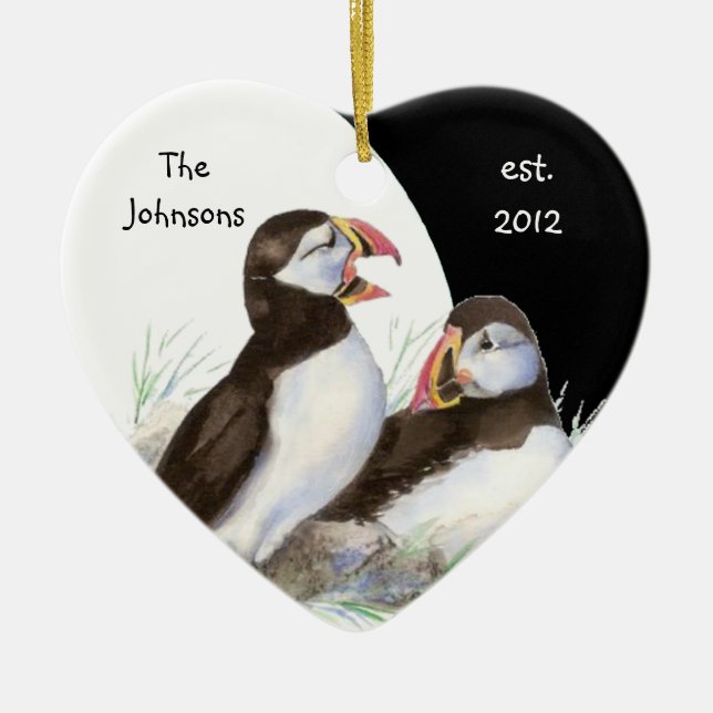 Custom Dated Family Monogram & Puffins Birds Ceramic Ornament (Front)