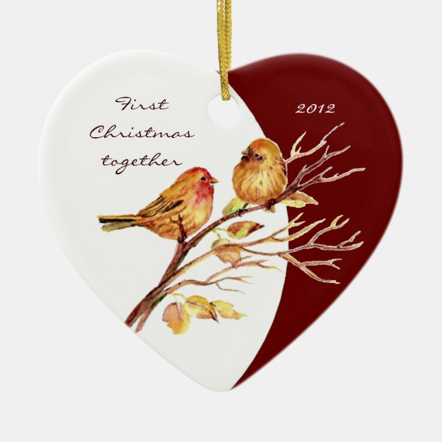 Custom Dated "First Christmas together" Bird Pair Ceramic Ornament (Front)