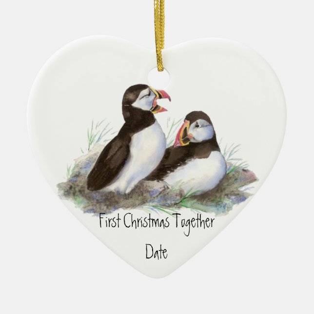Custom Dated First Christmas Together Puffins Bird Ceramic Ornament (Front)