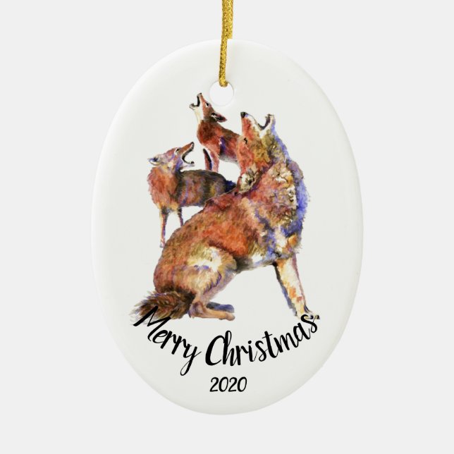 Custom Dated Howling Coyotes Merry Christmas Ceramic Ornament (Front)