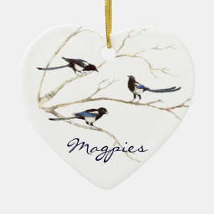 Custom Dated, Magpie Family, Birds Ceramic Ornament