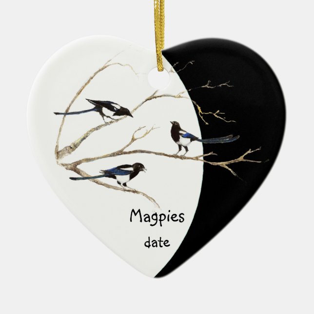 Custom Dated Magpie Family  Watercolor Bird Ceramic Ornament (Front)