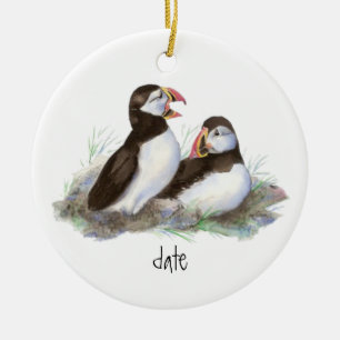 Custom Dated  Puffins Bird Ceramic Ornament