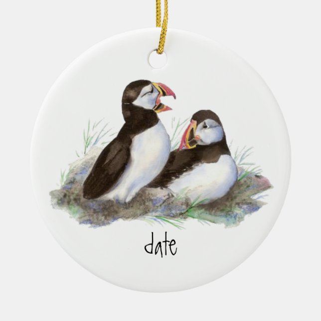Custom Dated  Puffins Bird Ceramic Ornament (Front)