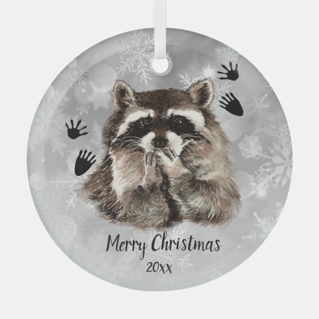 Custom Dated Raccoon Blowing Kisses, Love Animals  Glass Ornament (Front)