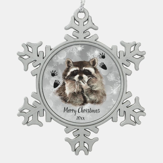 Custom Dated Raccoon Blowing Kisses, Love Animals  Snowflake Pewter Christmas Ornament (Front)