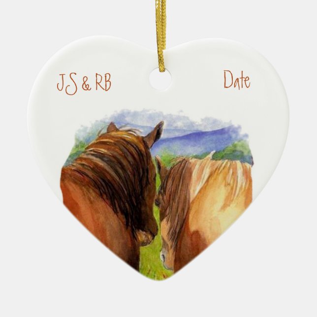Custom Dated Romantic Horses Sharing a Secret Ceramic Ornament (Front)