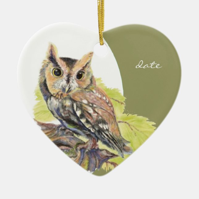 Custom Dated Screech Owl Watercolor Bird Ceramic Ornament (Front)
