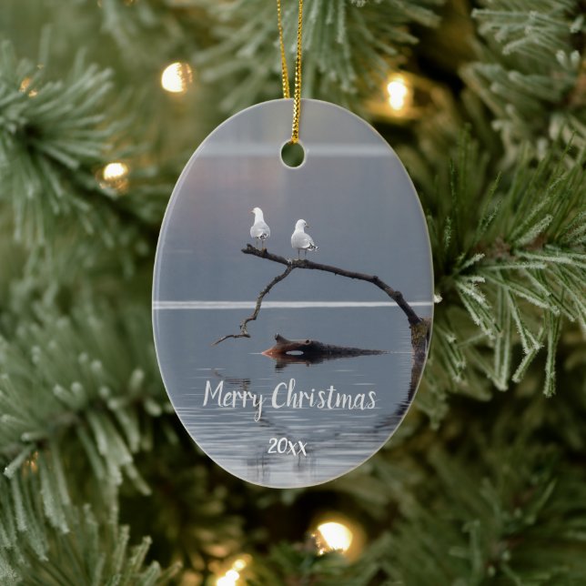 Custom Dated Seagulls Bird Animal Wildlife Ceramic Ornament (Tree)