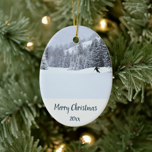 Custom Dated Snow Skiing Skier Winter Sports  Ceramic Ornament (Tree)