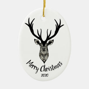 Custom Dated Stag or Deer Merry Christmas Ceramic Ornament
