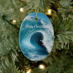Custom Dated Surfer Surfing Wave Curl Ocean Water  Ceramic Ornament